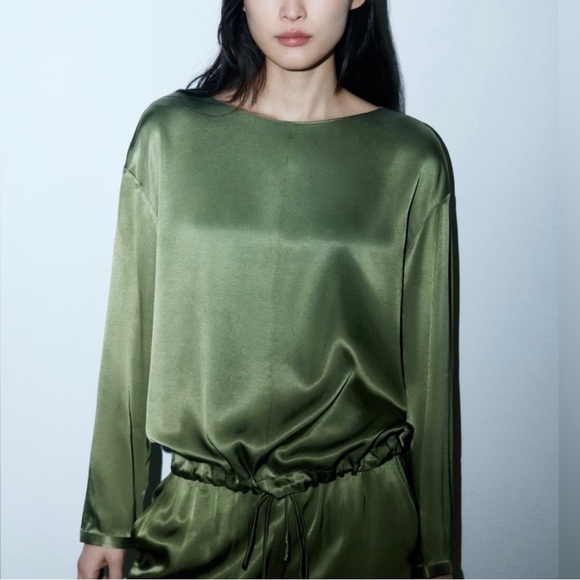 Zara Beautiful Green, Satin Effect Top w/ Drawstring. NWOT - Picture 2 of 5